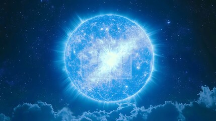 Obraz premium Bright blue star shining in night sky with clouds.