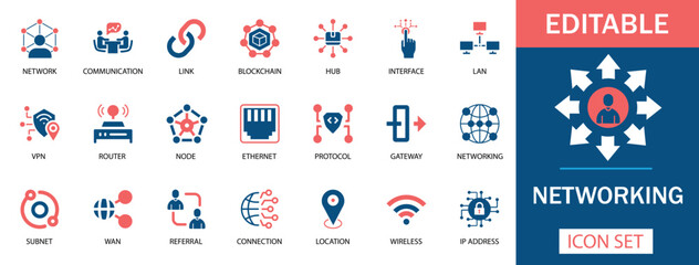 Networking Icon Set Featuring network, VPN, router, LAN, blockchain, protocol, wireless, IP address, and more. Perfect for websites, apps, IT infrastructure, and tech infographics. Professional. 
