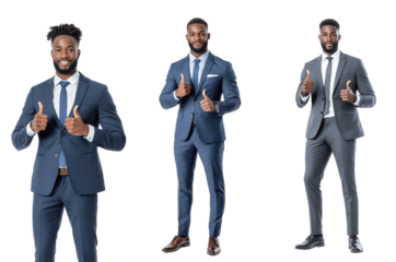 Full body of a Black man in a business suit showing a thumbs up, isolate on white background. set cutout png.