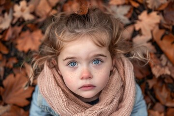 Fototapeta premium Child with big blue eyes sits on autumn leaves wearing a cozy scarf in a forest setting during daylight hours