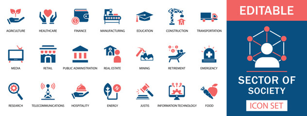 Sector of Society Icon Set  Featuring finance, healthcare, education, construction, agriculture, media, IT, energy, and more. Perfect for websites, apps, and infographics. Professional, versatile, and