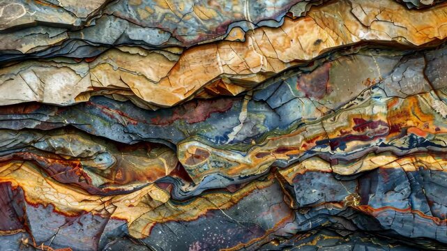 The videograph captures the intricate layers of sedimentary rocks, displaying a beautiful mix of colors and textures, revealing geological history and natural artistry.