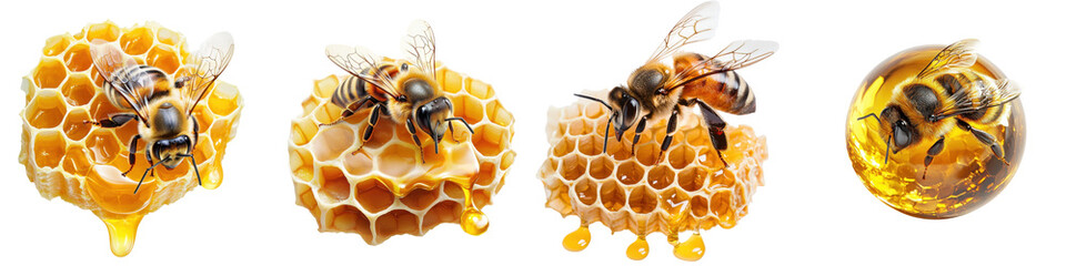 Bee and Honeycomb Clipart Concept for Spring Design. A series of honeycombs and bees, showcasing the intricate structure of honeycomb and the bees collecting honey