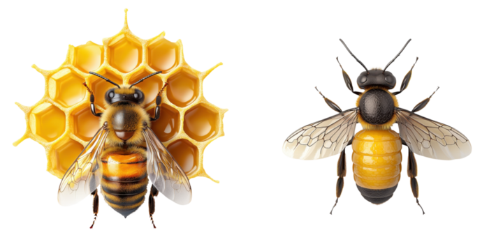 Bee and Honeycomb Clipart Concept for Spring Design. Two bees are depicted, one with a honeycomb and the other showcasing its distinct features, emphasizing their roles in nature and pollination