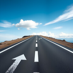 Fototapeta premium Asphalt Road Symbolism, Long, asphalted road with upward arrows. Symbolizes growth, development, success.Ideal for themes of progress, ambition, and continuous improvement.