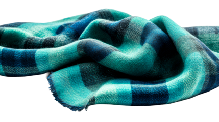 Woven plaid scarf with blue, teal color scheme, cut out transparent
