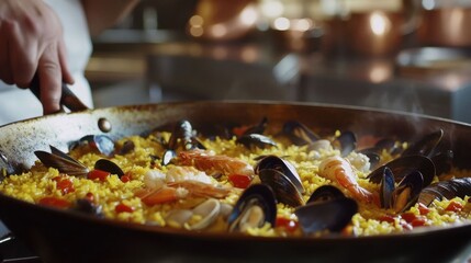 Preparing Spanish seafood paella.