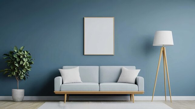 Elegant modern living room with muted blue wall decor and cozy furniture for stylish interiors