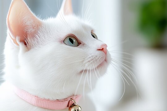 Close-up of a white cat with blue eyes and a pink collar looking up - Powered by Adobe