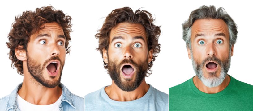 Portrait of a shocked man, isolate on white background. Set Collection Png.