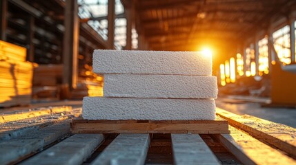 Stacked insulation blocks on a wooden pallet inside a large industrial building, bathed in golden sunlight