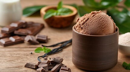 Chocolate ice cream in rustic cup with mint and chocolate pieces on wooden table