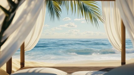 Tropical beach cabana with ocean view.