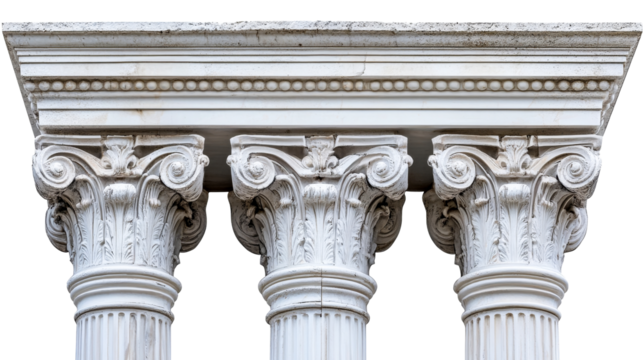 Ornate classical column capitals adorn architectural structure, cut out transparent