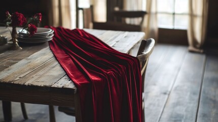 Red velvet table runner on rustic table.