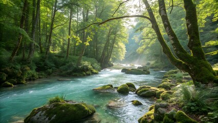 Obraz premium Scenic River Stream with Waterfall in Forest – Flowing Water and Natural Mountain Landscape