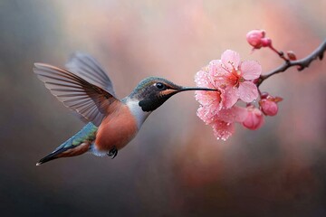 Fototapeta premium Hummingbird feeding on pink blossoms in mid-air with delicate wings spread