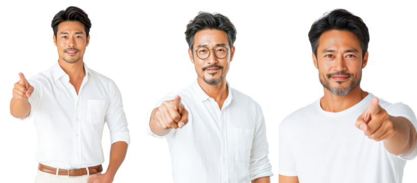 Portrait of an Asian man pointing forward on, isolate on white background. Set Collection Png.