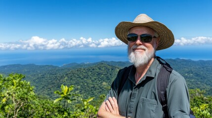 Man in Straw Hat and Sunglasses Enjoying Scenic Mountain View under Clear Blue Sky