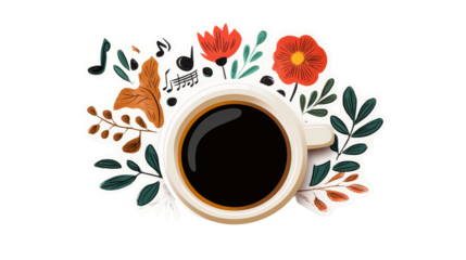 Coffee cup with leaves, flowers illustration on black background, cut out transparent