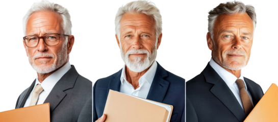 Portrait of a senior man in a business suit holding a file folder, isolate on white background. Set Collection Png.