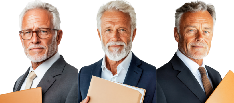 Portrait of a senior man in a business suit holding a file folder, isolate on white background. Set Collection Png.