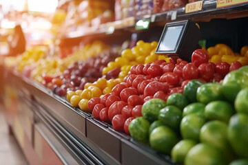 Cashier scans grocery items in a vibrant store during a busy afternoon