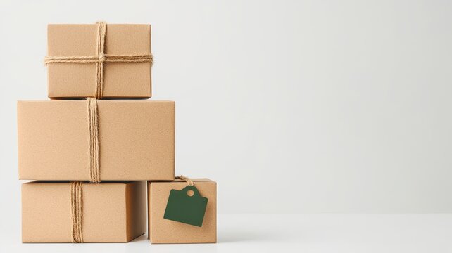 A stack of eco-friendly cardboard boxes tied with twine, featuring a tag, set against a minimalist background.