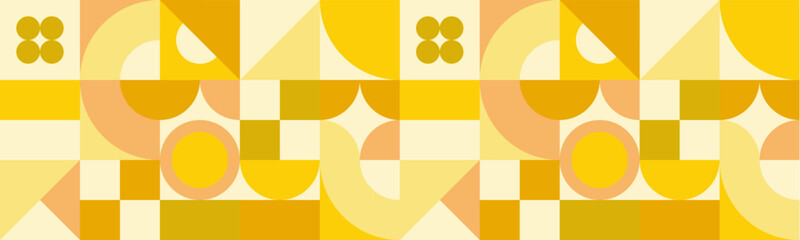 Abstract geometric background. Yellow and orange triangle, square and circle on yellow background. Vector illustration. Long summer or autumn template. Sunny day. Horizontal banner for advertising.