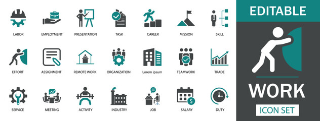 Work Icon Set  A versatile icon set featuring labor, employment, remote work, skill, and more. Perfect for business, HR, and corporate tasks.
