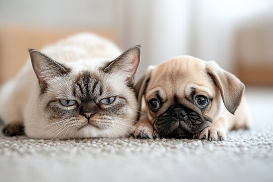 Adorable cat and puppy lying on carpet with cute expressions