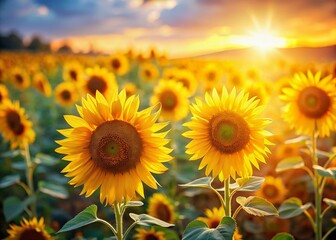 Obraz premium Miniature Sunflower Field Bloom, Tilt-Shift Photography, Summer Landscape