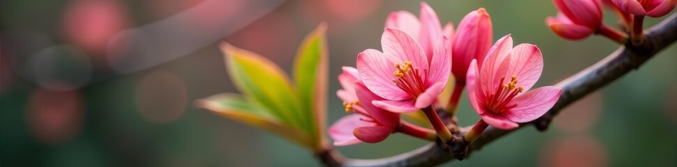 Fototapeta premium Close up of delicate pink iron bark eucalyptus flowers against blurred background, nature, macro, bloom