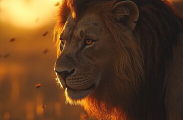 Naklejka premium Majestic lion at golden sunset