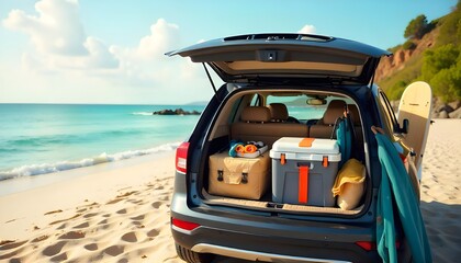 A car packed with gear, ready for a seaside getaway, filled with surfboards, coolers, and beach essentials for a summer adventure