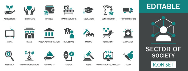 Sector of Society Icon Set  A versatile icon set representing key societal sectors, including healthcare, finance, education, construction, agriculture, telecommunications, IT, energy, and more.