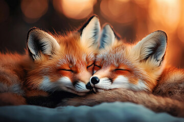Obraz premium Two Adorable Foxes Sleeping Together: A Heartwarming Wildlife Scene