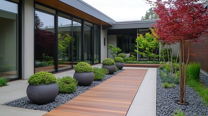 Obraz premium Modern japanese garden chaos serene home landscape photography tranquil environment wide angle nature aesthetic