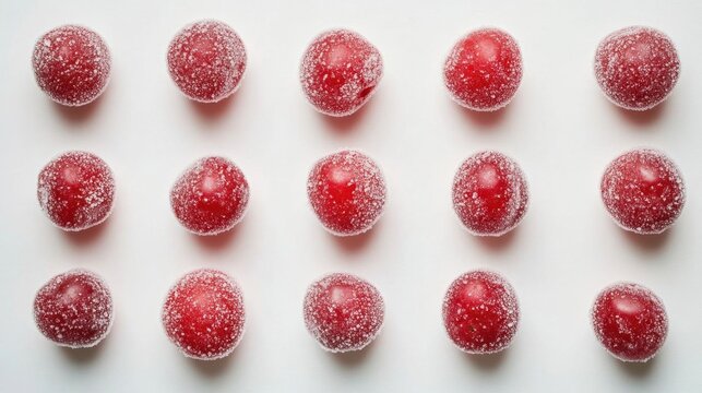 Red frozen cherries on white surface.