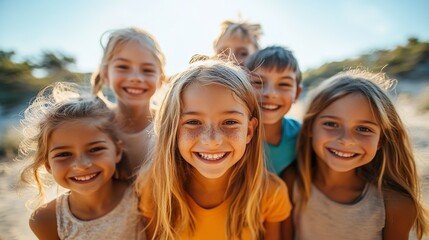 Obraz premium Group of kids smiling together outdoors during golden hour
