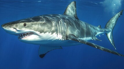 Fototapeta premium A great white shark swims majestically in deep ocean.