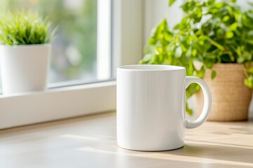 White ceramic mug on sunlit wooden table beside green plants in cozy home setting