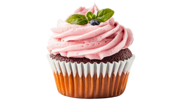 Cupcake with pink frosting, blueberry and mint garnish, cut out transparent