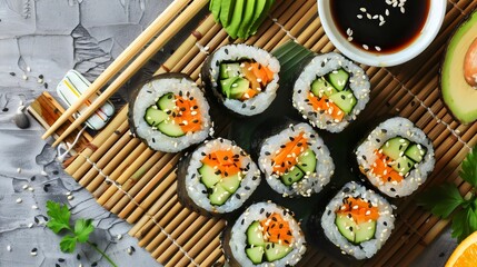 Fresh sushi platter with chopsticks, rice rolls, avocado, cucumber, soy sauce, and seaweed served on bamboo mat with herbs