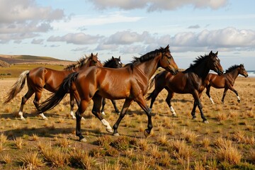 A herd of brown horses gallops across a dry, grassy field under a cloudy sky, embodying the wild beauty of the savanna