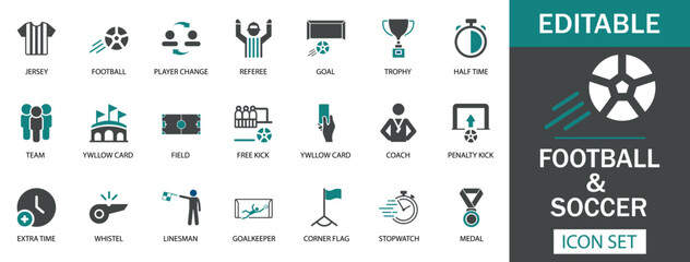 Soccer Icon Set Featuring football, referee, goal, trophy, penalty kick, yellow card, goalkeeper, and more. Ideal for sports apps, websites, infographics, and promotional materials. 