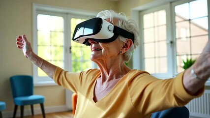 Elderly woman uses a VR headset, reaching out with her hands in a cozy living room