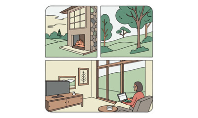 A man and woman sitting at a desk with a boy and girl in a home office, working on a laptop, in a cartoon-style vector illustration