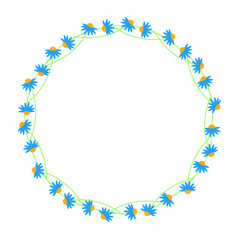 Obraz premium Elegant frame made of floral elements. Delicate spring colors. Round floral frame consisting of delicate green stems and blue flower buds. Wreath of natural elements is isolated on white background.
