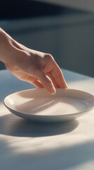 hand holding a plate, close up of hands arranging dishes, ceramic tableware, table ware
